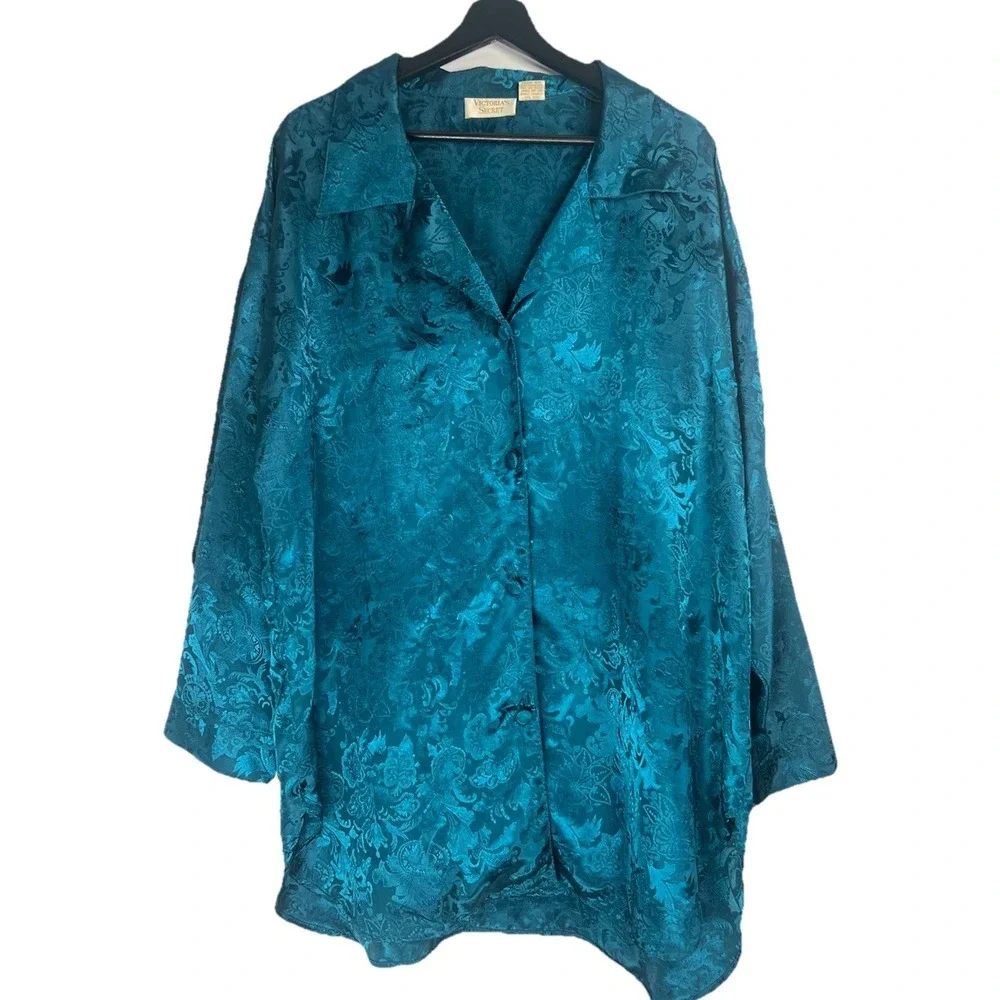 Victoria's Secret Gold Label Teal Floral Jacquard Sleep Shirt M/L Korea Vintage‎